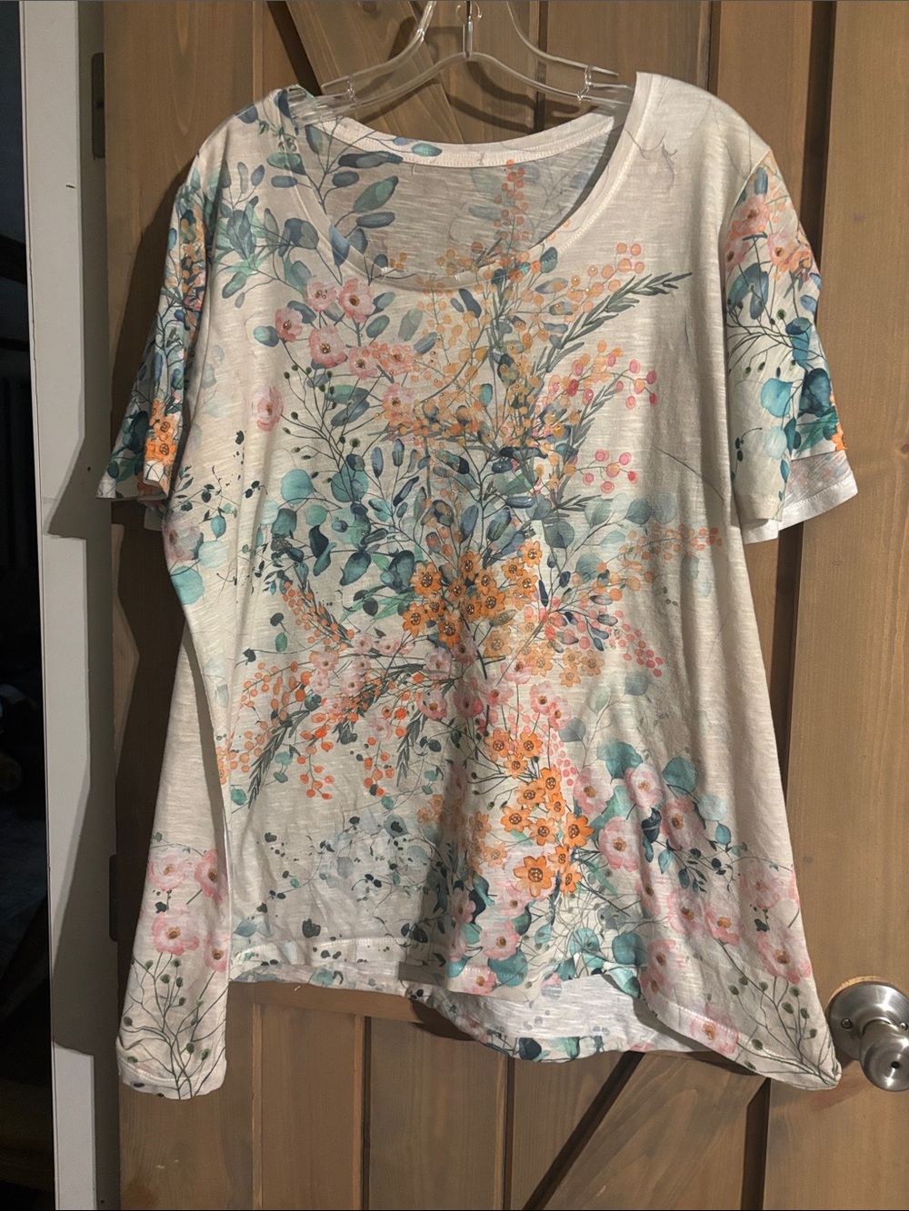 Floral Print Short-Sleeve Women's Top - Cream with Teal & Coral Flowers